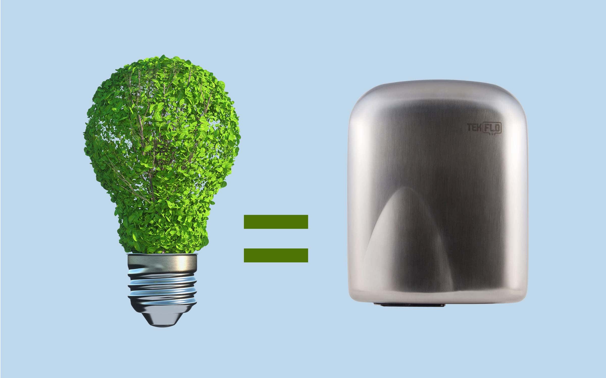 A light bulb made of greenery represents net zero targets equal sign a silver wall mounted hand dryer on a blue background.